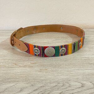 Belt Medium Tan Leather Multi Color Stripe Woven Silver Medallions Guatemala